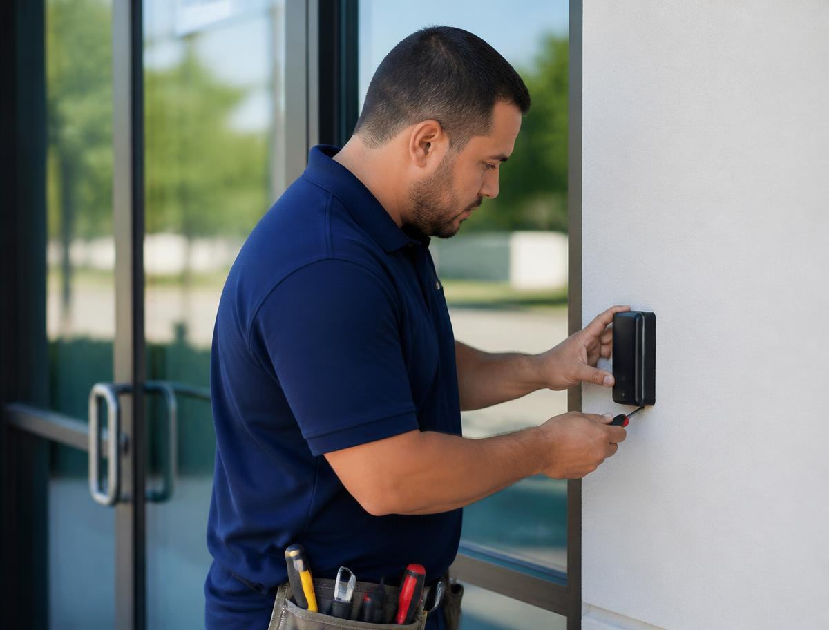 Ledgestone field technician mounting a card access reader beside a glass entry door